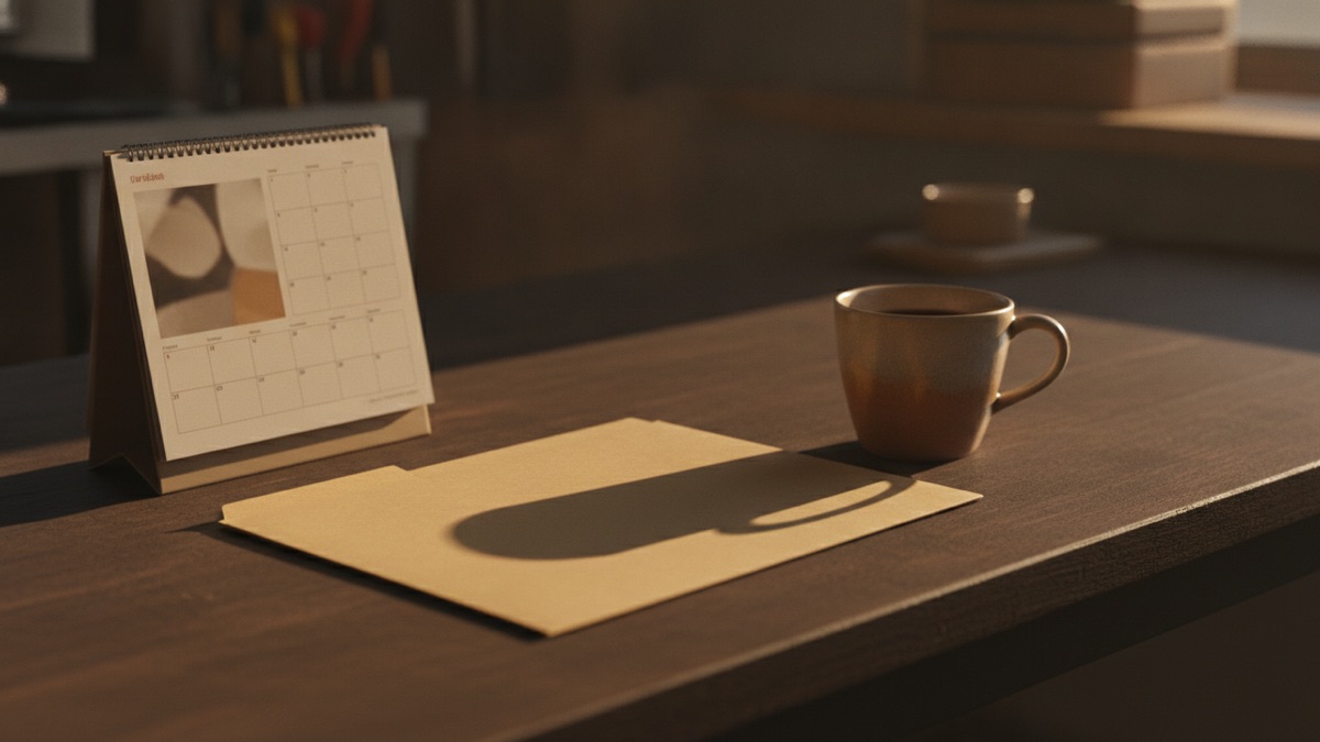 A wall calendar and a closed manila folder on a workshop office desk beside a coffee cup, late afternoon light across the pages