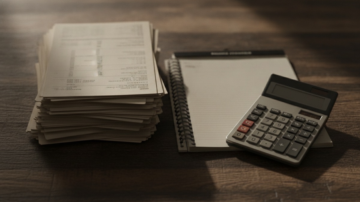 A thick stack of bank statements and a spiral-bound financial report lying open on a wooden table beside a calculator, photographed from directly above in daylight
