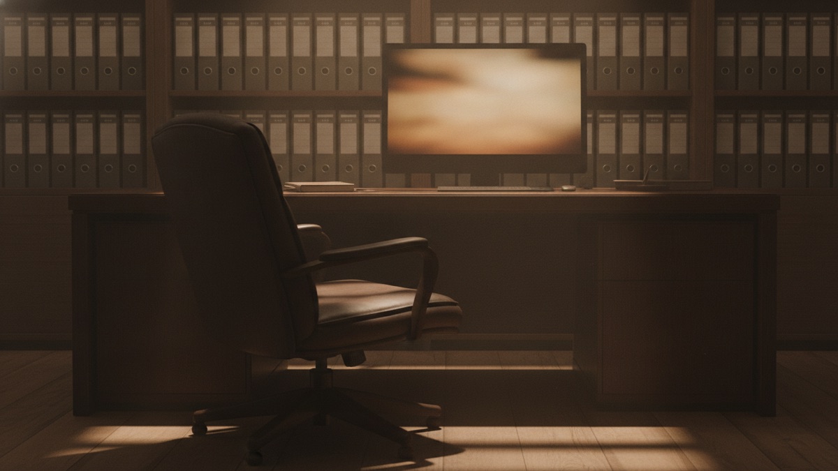 An empty office chair pushed back from a desk holding a wall of labeled ring binders and a switched-on monitor, early morning