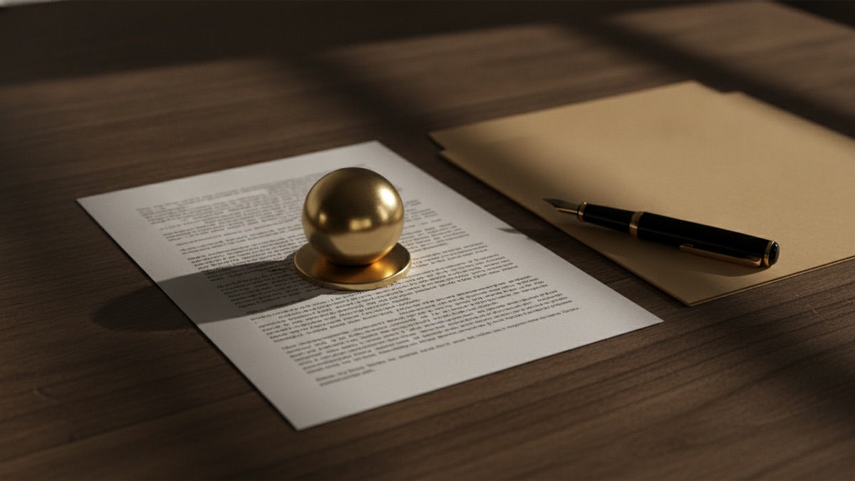 A single sheet of typed criteria held down by a brass paperweight on a plain wooden desk, beside a closed folder and a fountain pen, lit from a window on the left