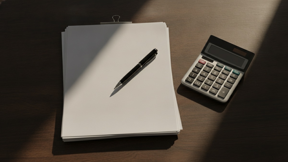 A closing table set with a neat stack of loan documents, a calculator, and a pen, photographed from directly overhead with no people visible.