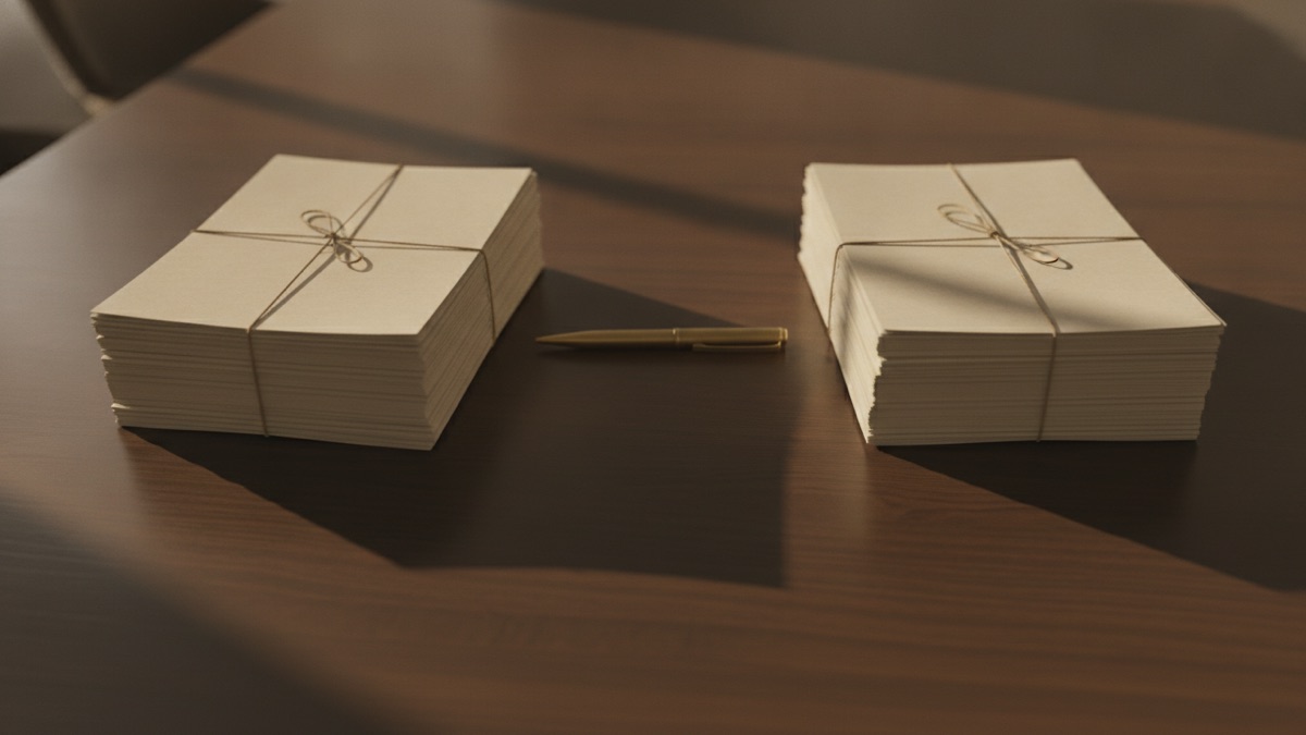 A conference room table holding two mirrored stacks of transaction documents with a single pen resting between them, photographed from directly overhead.